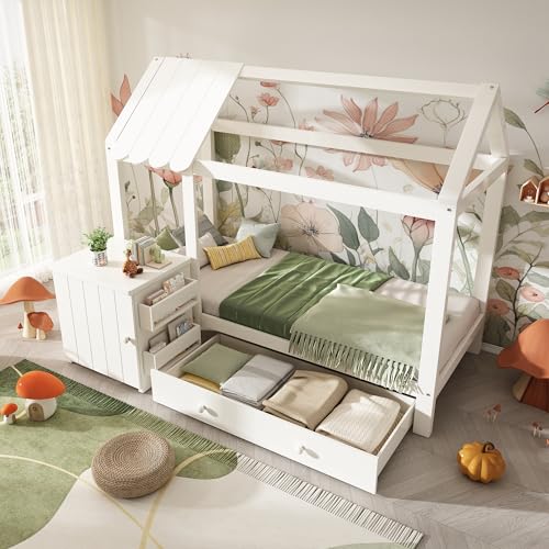 LAKFEW Bodenbett Kinderbett 90x200 cm mit Abnehmbarem Nachttisch, Hausbett Bett mit Stauraum Schubladen, Einzelbett Jugendbett mit Lattenrost, Kinderzimmer Möbel, Ohne Matratze, Weiß LAKFEW Bodenbett Kinderbett 90x200 cm mit Abnehmbarem Nachttisch, Hausbett Bett mit Stauraum Schubladen, Einzelbett Jugendbett mit Lattenrost, Kinderzimmer Möbel, Ohne Matratze, Weiß von LAKFEW