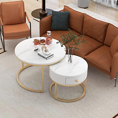 LAKFEW Couchtisch Beistelltisch 2er Set, Wohnzimmertisch Couch Tisch mit Marmorierte Tischplatte und Schubladen, Sofatisch Kaffeetisch Wohnzimmer Möbel für Schlafzimmer, Büro, Weiß LAKFEW Couchtisch Beistelltisch 2er Set, Wohnzimmertisch Couch Tisch mit Marmorierte Tischplatte und Schubladen, Sofatisch Kaffeetisch Wohnzimmer Möbel für Schlafzimmer, Büro, Weiß von LAKFEW