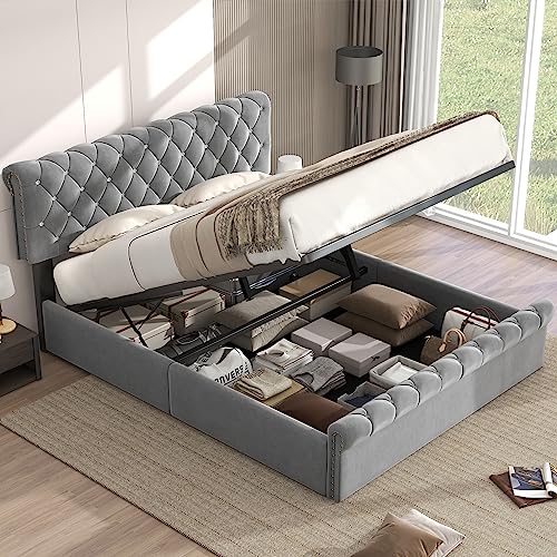 LAKFEW Doppelbett Polsterbett 140x200 cm mit Höhenverstellbares Kopfteil, Hydraulisch Bett mit Stauraum, Jugendbett Bettgestell mit Lattenrost, Schlafzimmer Möbel, Ohne Matratze, Samt, Grau von LAKFEW