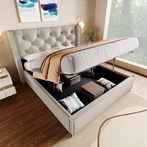 LAKFEW Doppelbett Polsterbett 140x200 cm, Hydraulisch Bett mit Stauraum, Bettgestell mit Lattenrost, Schlafzimmer Möbel, Baumwolle, Ohne Matratze (HellGrau, 160 x 200 cm) von LAKFEW
