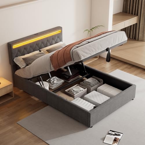 LAKFEW Doppelbett Polsterbett 140x200 cm mit LED-Kopfteil und USB-Typ-C, Hydraulisch Bett mit Stauraum, Bettgestell mit Lattenrost Schlafzimmer Möbel, Grau Leinen, Ohne Matratze von LAKFEW