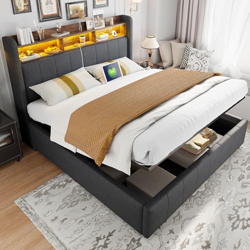 LAKFEW Doppelbett Polsterbett 160x200 cm mit LED-Beleuchtung und USB-Kopfteil, Hydraulisch Bett mit Stauraum, Bettgestell mit Lattenrost, Schlafzimmer Möbel, Grau, Leinen, Ohne Matratze von LAKFEW