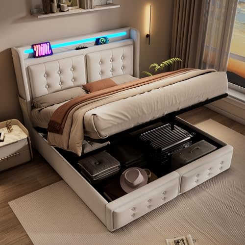 LAKFEW Doppelbett Polsterbett 160x200 cm mit LED-Kopfteil und USB-Typ-C, Hydraulisch Bett mit Stauraum, Bettgestell mit Lattenrost aus Holz, Schlafzimmer Möbel, Ohne Matratze, Leinen, Beige von LAKFEW
