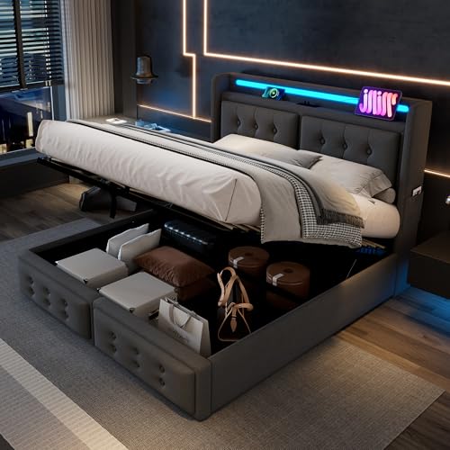 LAKFEW Doppelbett Polsterbett 160x200 cm mit LED-Kopfteil und USB-Typ-C, Hydraulisch Bett mit Stauraum, Bettgestell mit Lattenrost aus Holz, Schlafzimmer Möbel, Ohne Matratze, Leinen, Grau von LAKFEW