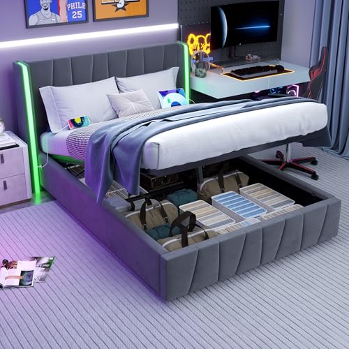 LAKFEW Doppelbett Polsterbett 160x200 mit LED-Beleuchtung und USB-Anschlüsse, Hydraulisch Bett Stauraumbett mit Stauraum, Bettgestell mit Kopfteil und Lattenrost aus Holz, Samt, Ohne Matratze, Grau von LAKFEW
