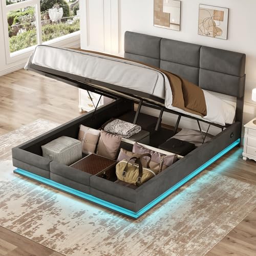 LAKFEW Doppelbett Polsterbett 160x200 mit LED-Beleuchtung und USB Type C Ladefunktion, Hydraulisch Bett mit Kopfteil und Lattenrost aus Holz, Bettgestell Stauraumbett, Samt, Ohne Matratze, Grau von LAKFEW