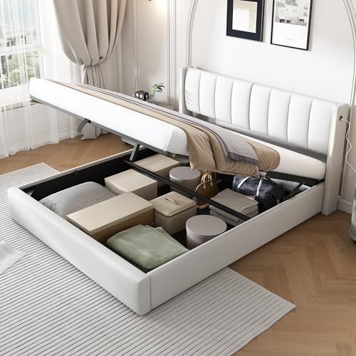 LAKFEW Doppelbett Polsterbett 180x200 cm mit LED-Kopfteil und USB-Anschluss, Hydraulisch Bett mit Stauraum, Bettgestell mit Lattenrost aus Holz, Schlafzimmer Möbel, PU, Ohne Matratze, Weiß von LAKFEW