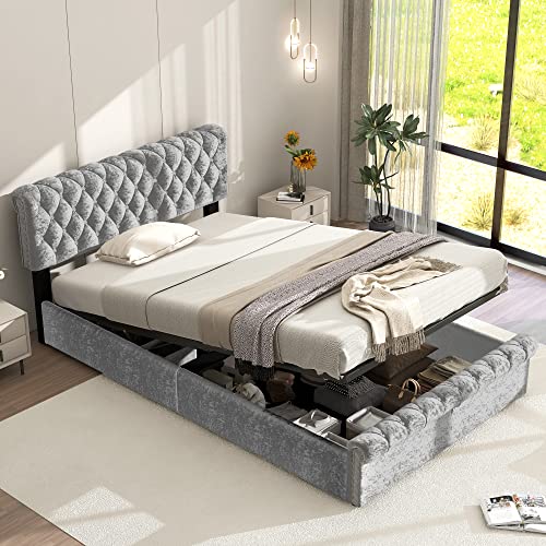 LAKFEW Einzelbett Polsterbett 90x200 cm mit Höhenverstellbares Kopfteil, Hydraulisch Bett mit Stauraum, Jugendbett Bettgestell mit Lattenrost, Schlafzimmer Möbel, Ohne Matratze, Samt, Grau von LAKFEW