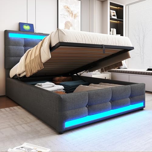 LAKFEW Einzelbett Polsterbett 90x200 cm mit LED-Beleuchtung und USB-Kopfteil, Hydraulisch Bett mit Stauraum, Bettgestell mit Lattenrost, Jugendbett Schlafzimmer Möbel, Grau, Leinen, Ohne Matratze von LAKFEW
