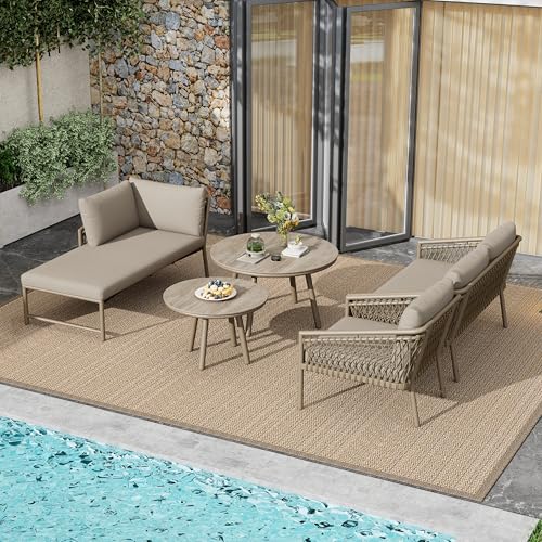 LAKFEW Gartenmöbel Set, Outdoor Gartensofa, Loungesessel Set, Balkonmöbel mit Rückenlehne und Kissen., Terrassensofa mit 1 Einzelsessel, 1 Sofasessel, 1 Doppelsofa und 2 Runden Glastischen, Beige von LAKFEW