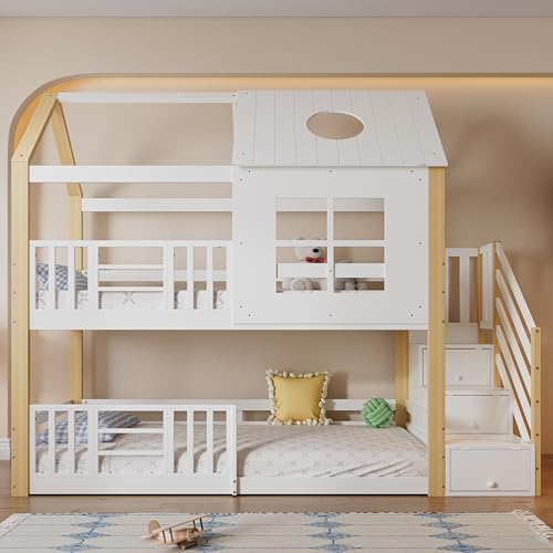 LAKFEW Hausbett Etagenbett 90x200 cm mit Fenster und Dach, Bett mit Stauraum Streppe, Jugendbett Kinderbett mit Rausfallschutz, Bettgestell mit Lattenrost, Ohne Matratze von LAKFEW