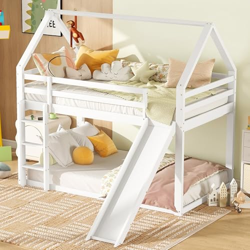 LAKFEW Hausbett Kinderbett 140x200, Etagenbett mit Rutsche und Leiter, Jugendbett Holzbett mit Rausfallschutz, Bettgestell mit Lattenrost, ohne Matratze (Weiß, 90 x 200 cm) von LAKFEW