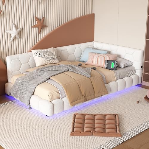 LAKFEW Kinderbett Einzelnbett 90x200, Sofabett Polsterbett mit LED, Schlafsofa mit Typ C und USB-Ladeanschluss, Bettgestell Bett mit Lattenrost, Weiß, Samt, Ohne Matratze von LAKFEW