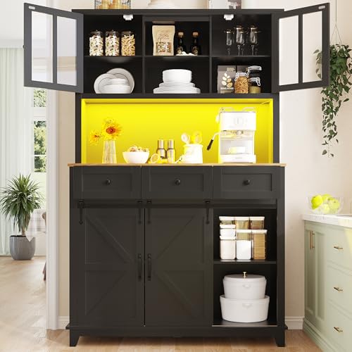 LAKFEW Küchenschrank mit Arbeitsplatte und LED-Beleuchtung, Buffetschrank Küchenschränke mit Verstellbaren Ablagen, Küchenbuffet mit 2 Türen und 3 Schubladen, Küchenmöbel, 105x38.4x180, Schwarz von LAKFEW