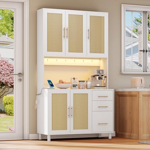 LAKFEW Küchenschrank mit Arbeitsplatte und LED-Deko-Lichter, Buffetschrank Küchenschränke mit Verstellbaren Ablagen, Küchenbuffet mit Goldene Metallgriffe, 100x40x183 cm, Weiß+Holzfarbe von LAKFEW