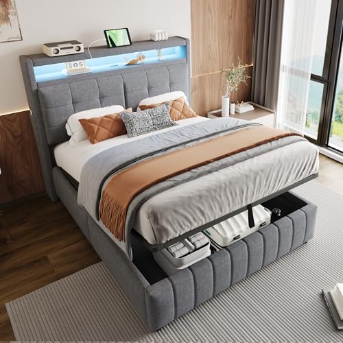 LAKFEW Polsterbett 140x200 cm, Doppelbett Stauraumbett mit LED-Beleuchtung und USB-Steckdose, Funktionsbett mit Hydraulischem Stauraum und Regal und Lattenrost, Grau, Ohne Matratze, Leinen von LAKFEW