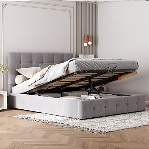 LAKFEW Polsterbett Doppelbett 140x200, Jugendbett mit Hydraulischem Stauraum und Höhenverstellbarem Kopfteil, Bettgestell Bett mit Lattenrost, Samt, Ohne Matratze, Grau von LAKFEW