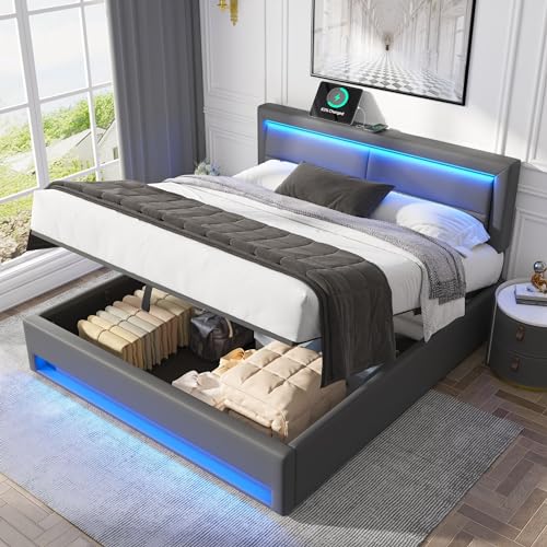 LAKFEW Polsterbett Doppelbett 140x200 cm mit LED-Beleuchtung und USB-Kopfteil, Stauraumbett mit Stauraum und Lattenrost aus Holz, Bettgestell Bett mit Metallrahmen, PU, Grau, Ohne Matratze von LAKFEW