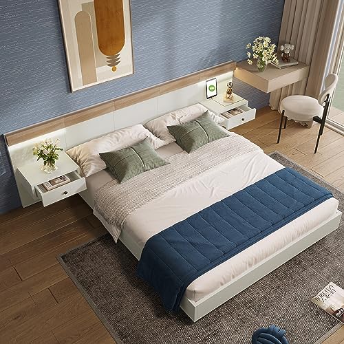 LAKFEW Polsterbett Doppelbett 140x200 mit 2 Schubladen, Holzbett mit LED-Kopfteil und USB-Ladefunktion, Schwebebett Bett Bettgestell mit Lattenrost aus Holz für Schlafzimmer, Ohne Matratze, Weiß von LAKFEW