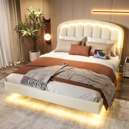 LAKFEW Polsterbett Doppelbett 140x200 mit LED-Beleuchtung, Bettgestell Bett mit Kopfteil und Lattenrost, Schwebebett Stauraumbett mit Stauraum und Metallgestell, Ohne Matratze, PU, Weiß von LAKFEW