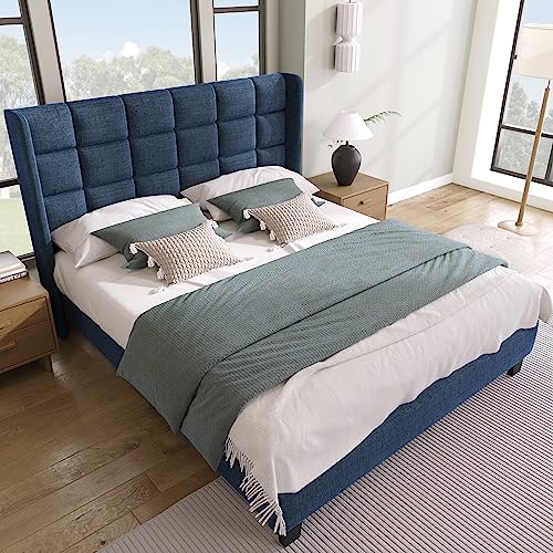 LAKFEW Polsterbett Doppelbett Bett 140x200 cm, Bettgestell mit Gepolstertes Kopfteil und Lattenrost aus Holz, Gästebett Holzbett für Schlafzimmer, Leinen, Ohne Matratze, Blau LAKFEW Polsterbett Doppelbett Bett 140x200 cm, Bettgestell mit Gepolstertes Kopfteil und Lattenrost aus Holz, Gästebett Holzbett für Schlafzimmer, Leinen, Ohne Matratze, Blau von LAKFEW