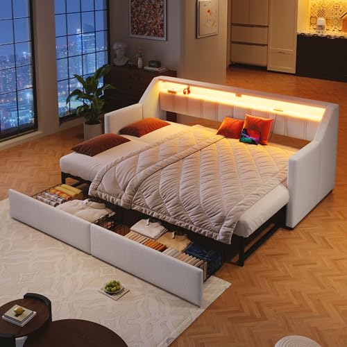 LAKFEW Schlafsofa Kinderbett 90x200 mit LED-Licht und USB-Buchse, Bett mit Stauraum Schubladen, Tagesbett mit Lattenrost, Schlafzimmer Möbel, Ohne Matratze, Linen, Beige von LAKFEW