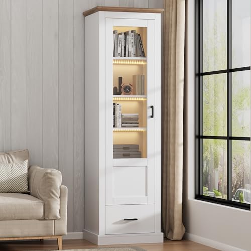 LAKFEW Vitrine Glasvitrine mit LED Beleuchtung & USB, Vitrinenschrank Eckschrank mit 2 Glastüren und Schubladen, Wohnzimmerschrank Hochschrank, Wohnzimmer Möbel, 50x35x178 cm, Weiß von LAKFEW
