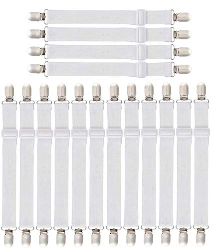 O-Kinee 16 Stück Verstellbare Bettlakenspanner, Betttuchspanner verstellbar Elastische Bettlakenspanner Lakenspanner mit Metallclips matratzenspanner für Bettlaken, Matratze(16pcs-White) von O-Kinee