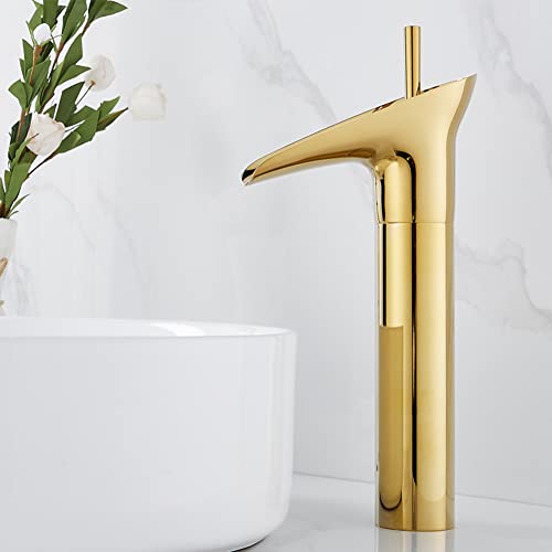 Wasserfall Wasserhahn Bad Waschtischarmatur Waschbecken Armatur Gold Hoch Retro Antik Stil Messing Einhebelmischer Mischbatterie Mit Kaltes Und Heißes Wasser Vorhanden von LAKKOA