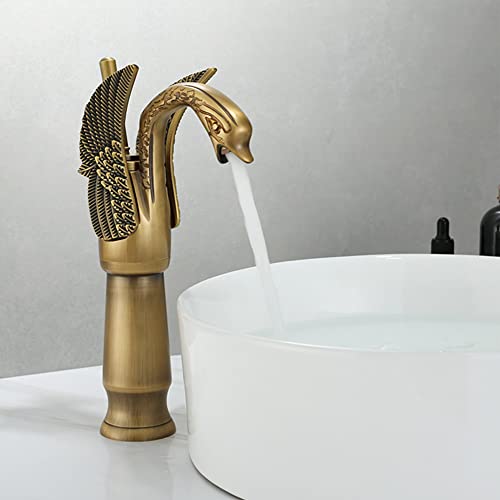 Wasserhahn Bad Waschtischarmatur Hoch Waschbecken Armatur Retro Antik Stil Schwan Messing Einhebelmischer Mischbatterie Mit Kaltes Und Heißes Wasser Vorhanden, Antik Messing von LAKKOA