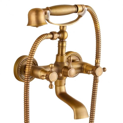 Badewannenarmatur Badewanne Wasserhahn Retro Vintage Stil Messing Wandmontage Zwei Griffe Wannenbatterie Badewannen Armatur Mit Handbrause Badewanne Mischbatterie Duscharmatur, Bronze Badewannenarmatur Badewanne Wasserhahn Retro Vintage Stil Messing Wandmontage Zwei Griffe Wannenbatterie Badewannen Armatur Mit Handbrause Badewanne Mischbatterie Duscharmatur, Bronze von LAKKOAKOAA