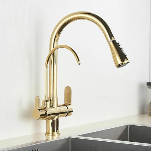 Trinkwasser 3-Wege-Filter Wasserhahn Küche - Küchenarmatur Mit Brause Ausziehbar, Messing 2 Hebel Spültischarmatur Mischbatterie Für Osmoseanlage, 3 In 1 Armatur Küche Für Wasserfilter, Gold von LAKKOAKOAA