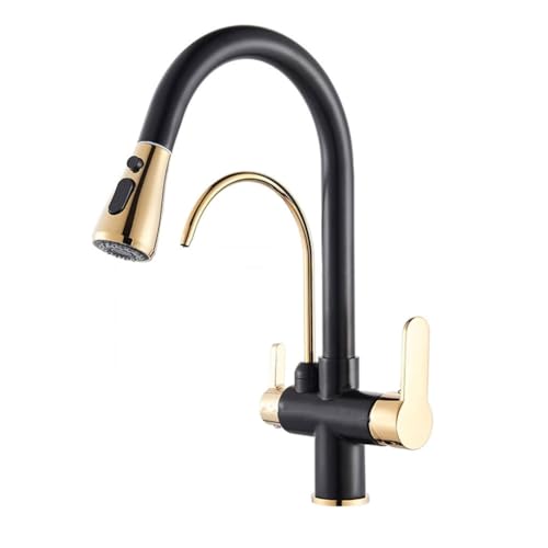 Trinkwasser 3-Wege-Filter Wasserhahn Küche - Küchenarmatur Mit Brause Ausziehbar, Messing 2 Hebel Spültischarmatur Mischbatterie Für Osmoseanlage, 3 In 1 Armatur Küche Für Wasserfilter, Schwarz von LAKKOAKOAA