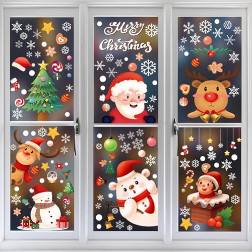 LAKSOL Fensterbild Weihnachte, 9 Blatt Weihnachtsdeko Fenster Selbstklebend Wiederverwendbar Weihnachtsmann Schneeflocken Schneemann Fenstersticker für Fensterdeko von LAKSOL