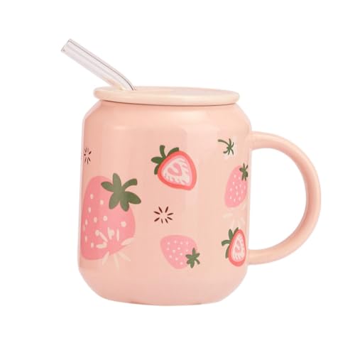 LALADEFIEE 1 Stück Stylischer Keramikkaffeebecher mit Deckel und Strohhalm Niedliches Design im Japanischen Stil für Erwachsene für Zuhause Büro Erdbeerpink von LALADEFIEE