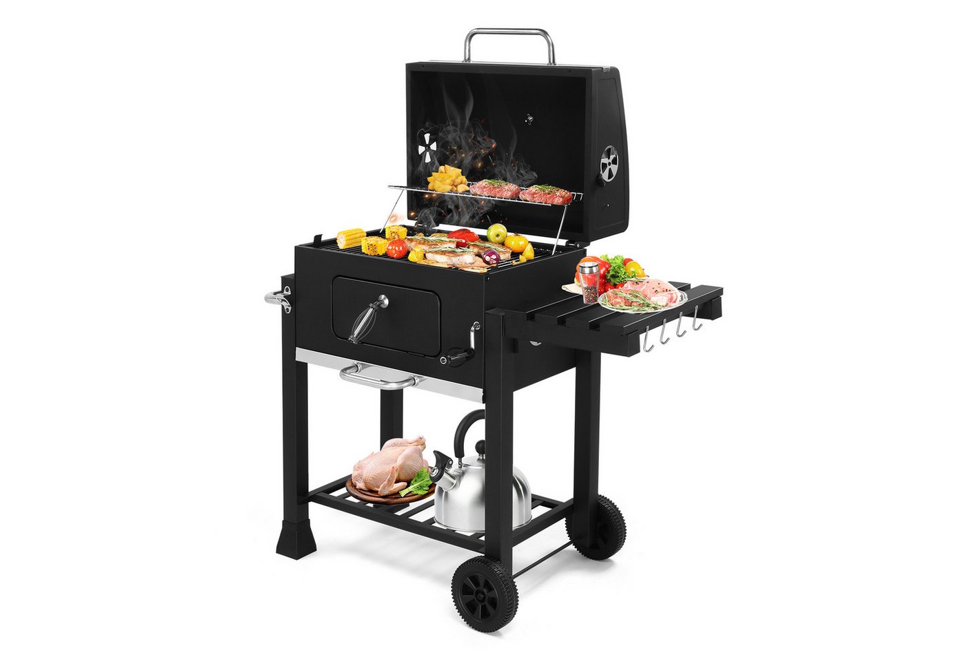 LALAHO Holzkohlegrill Grillwagen mit Faltbarer Seitenablagen, Höhenverstellbarer Gril mit Deckel, Räder, Thermometer, 116x57x108cm LALAHO Holzkohlegrill Grillwagen mit Faltbarer Seitenablagen, Höhenverstellbarer Gril mit Deckel, Räder, Thermometer, 116x57x108cm von LALAHO