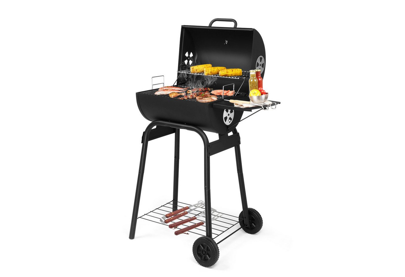 LALAHO Holzkohlegrill Grillwagen mit Höhenverstellbarer Grill für Camping, Garten, Standgrill mit Faltbarer Seitenablagen, Thermometer, 86x52x103cm LALAHO Holzkohlegrill Grillwagen mit Höhenverstellbarer Grill für Camping, Garten, Standgrill mit Faltbarer Seitenablagen, Thermometer, 86x52x103cm von LALAHO