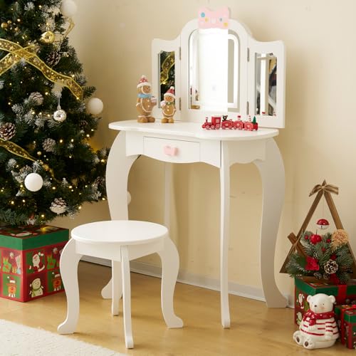 LALAHO Schminktisch Kinder mit LED-Licht Hocker Frisiertisch Kinderschminktisch für Mädchen Frisierkommode mit Schublade mit für 4-9 Jahren (Weiß-3) von LALAHO