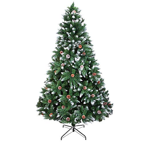 LALAHO künstlicher Weihnachtsbaum 120/150/180/210cm PVC Material Thickened Branches Foldable mit robuster Sockel (Grün&weiß mit Tannenzapfen, 150cm) von LALAHO