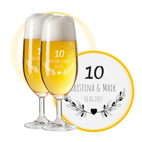 LALALO Biergläser mit Gravur 10. Hochzeitstag (2 St.), Rosenhochzeit Geschenk, Leonardo Pils Biertulpe personalisiert, Jahrestag Rosen-Hochzeit (Herzfunken) von LALALO