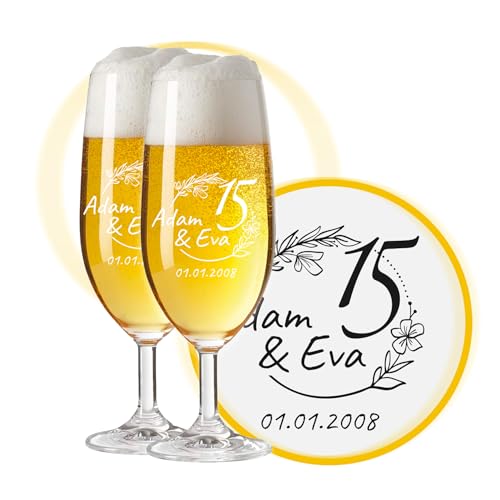 LALALO Biergläser mit Gravur zum 15. Hochzeitstag, Kristallhochzeit Geschenk, Leonardo Pils Biertulpe personalisiert, Jahrestag Kristall-Hochzeit (Herzfunken) von LALALO