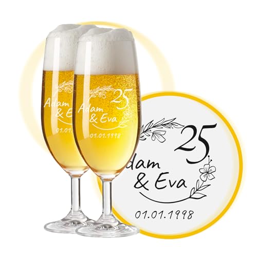 LALALO Biergläser mit Gravur zum 25. Hochzeitstag, Silberhochzeit Geschenk, Leonardo Pils Biertulpe personalisiert, Jahrestag Silberne Hochzeit (Blumenherz) von LALALO