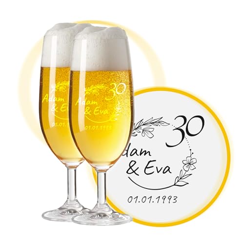 LALALO Biergläser mit Gravur zum 30. Hochzeitstag, Perlenhochzeit Geschenk, Leonardo Pils Biertulpe personalisiert, Jahrestag Perlen-Hochzeit (Herzverzaubert) von LALALO
