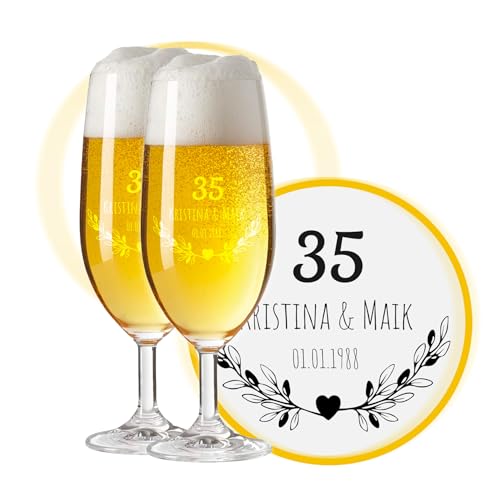 LALALO Biergläser mit Gravur zum 35. Hochzeitstag, Leinwand-Hochzeit & Korallenhochzeit Geschenk, Leonardo Pils Biertulpe personalisiert, Jahrestag Leinwand-Hochzeit (Blütenträume) von LALALO