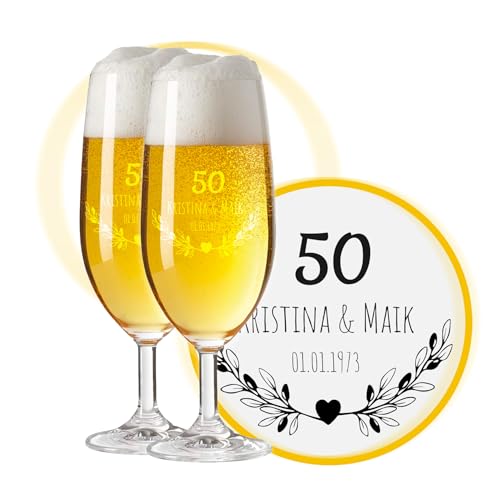 LALALO Biergläser mit Gravur zum 50. Hochzeitstag, Geschenk zur Goldenen Hochzeit, Leonardo Pils Biertulpe personalisiert, Jahrestag (Herzfunken) von LALALO