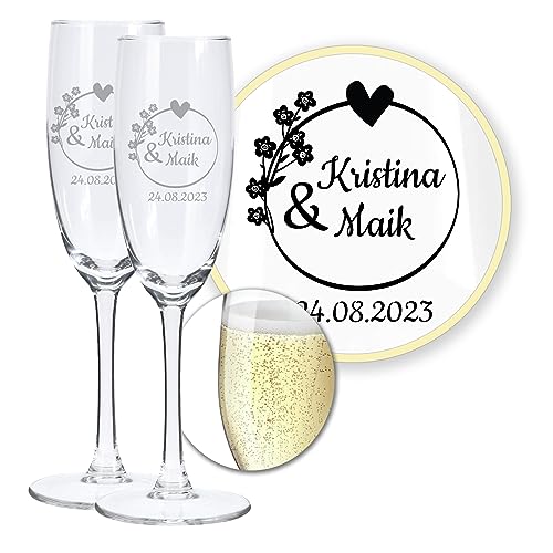 LALALO Hochzeit Sektgläser 2er Geschenk-Set mit Gravur: Brautpaar Präsent & Deko zum Hochzeitstag – Sektglas personalisiert als Hochzeitsgeschenk von LALALO