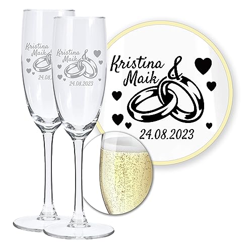 LALALO Hochzeit Sektgläser 2er Geschenk-Set mit Gravur: Brautpaar Präsent & Deko zum Hochzeitstag – Sektglas personalisiert als Hochzeitsgeschenk von LALALO