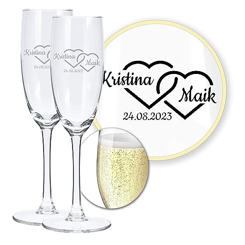 LALALO Hochzeit Sektgläser 2er Geschenk-Set mit Gravur: Brautpaar Präsent & Deko zum Hochzeitstag – Sektglas personalisiert als Hochzeitsgeschenk von LALALO