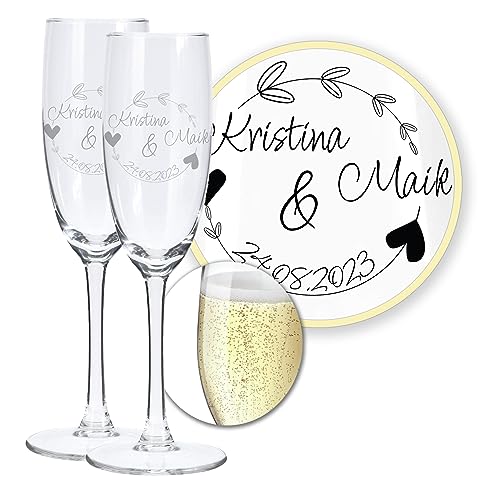 LALALO Hochzeit Sektgläser 2er Geschenk-Set mit Gravur: Brautpaar Präsent & Deko zum Hochzeitstag – Sektglas personalisiert als Hochzeitsgeschenk von LALALO