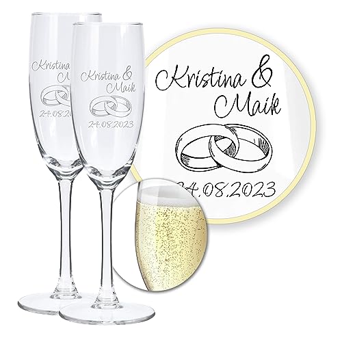 LALALO Hochzeit Sektgläser 2er Geschenk-Set mit Gravur: Brautpaar Präsent & Deko zum Hochzeitstag – Sektglas personalisiert als Hochzeitsgeschenk von LALALO